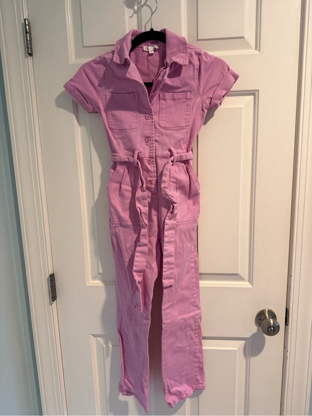 GB Girls Pink Utility Jumpsuit Size 8 Belted Short Sleeve Button Front One Piece